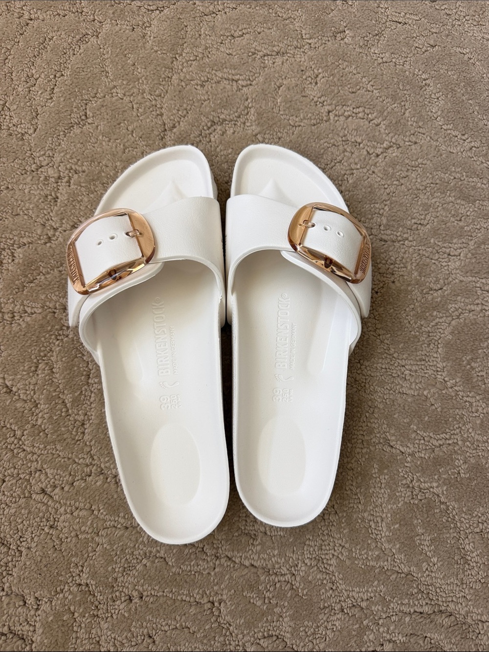 Birkenstock Madrid Big Buckle - EVA- White Slide Sandals with Rose Gold Buckle